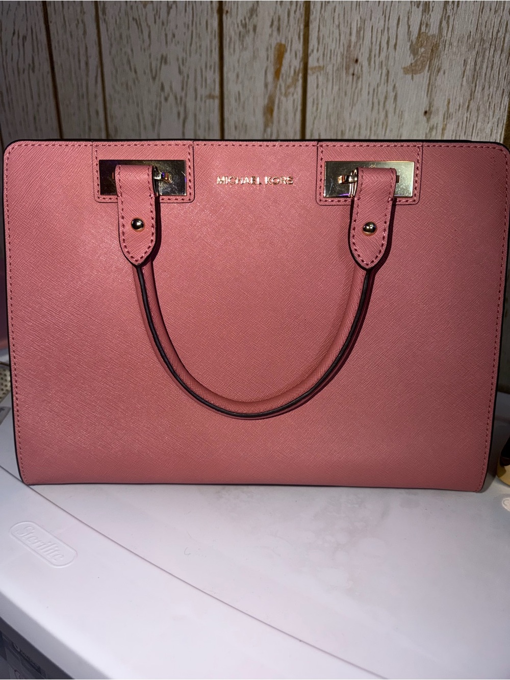 Michael Kors Coral Pink Saffiano Satchel with Gold Accents